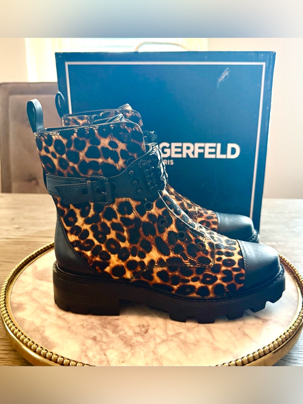 Karl Lagerfeld Maeva Leopard-Print Combat Boots | SZ. 6.5 (NWB)
